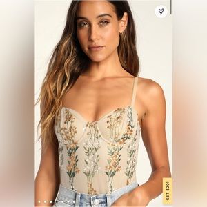 NWT Essence of Elegance Beige Embroidered Bustier Bodysuit from Lulus